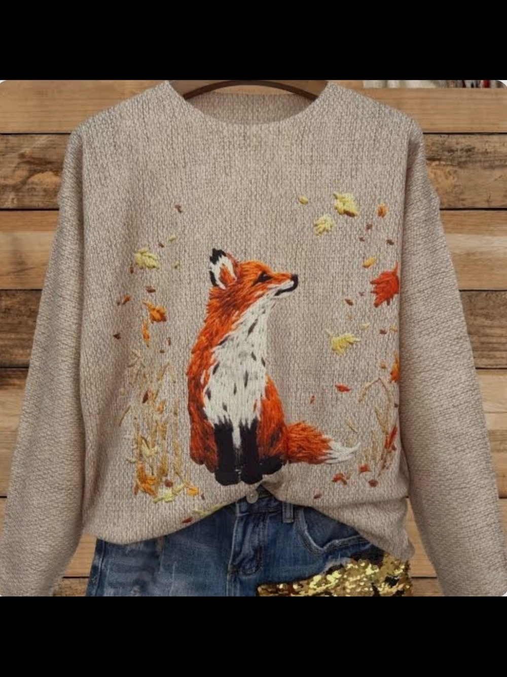 Cozy Beige Crewneck Sweater with Fox Embroidery